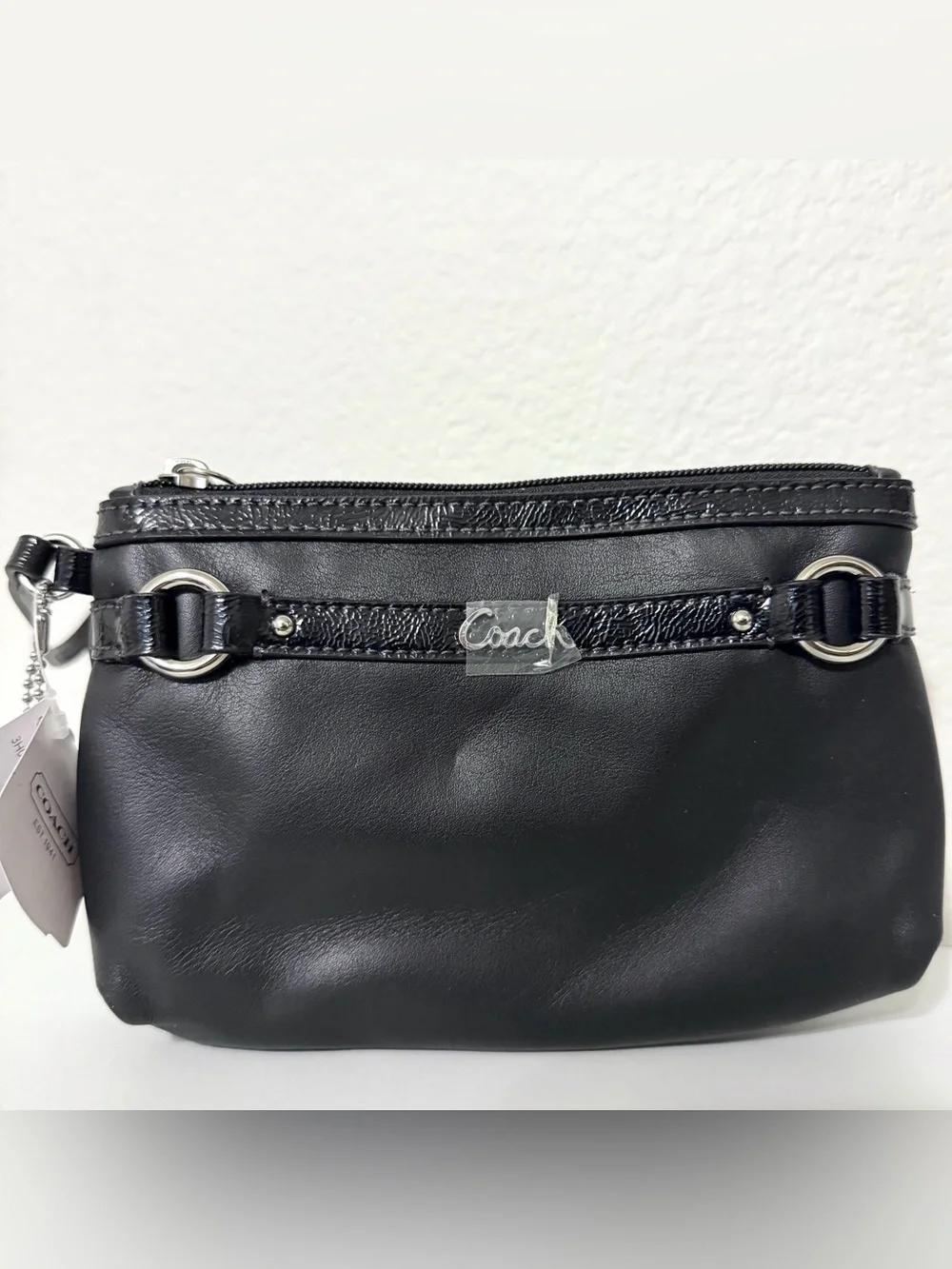 Coach Black Leather Wristlet Mini Bag Clutch w/ Silver-Tone Hardware